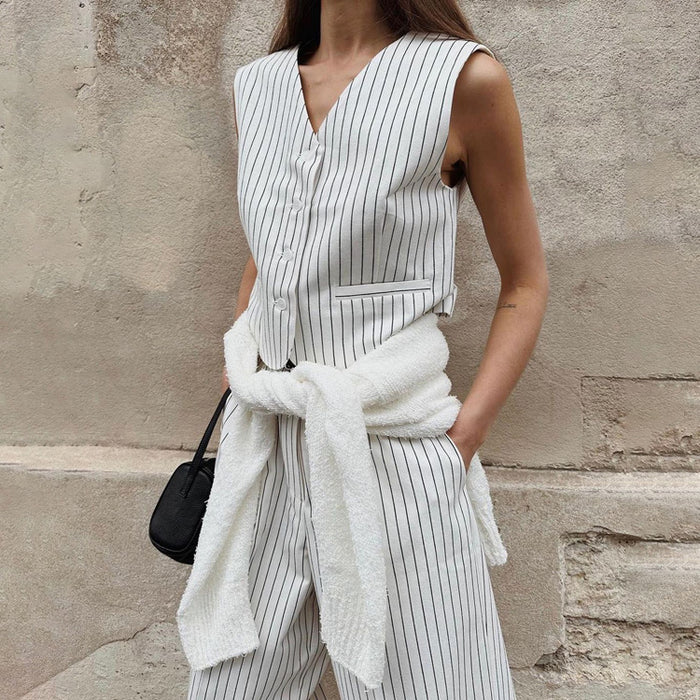 Striped Vest Trousers Summer Women Casual Wear Office Two Piece Set-Fancey Boutique