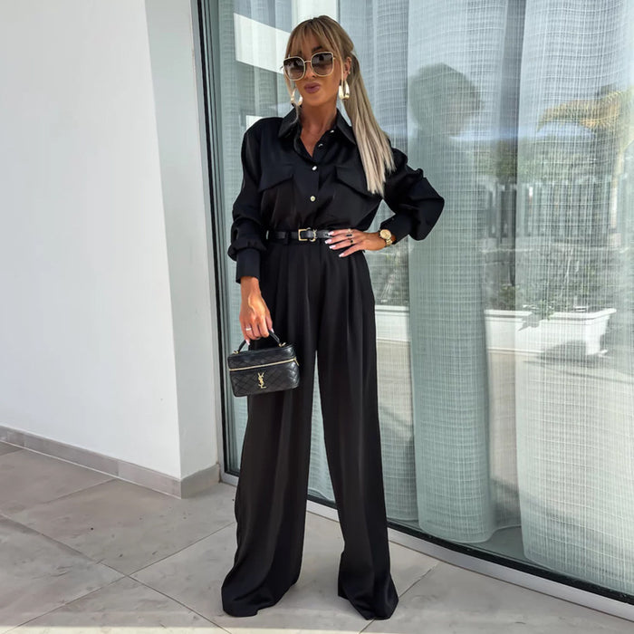 Suit Women Spring Autumn Long Sleeved Faux Pocket Shirt Elegant Loose Trousers Women Two Piece Suit-Black-Fancey Boutique