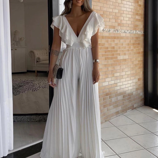 Women Clothing Deep V Plunge Neck High Waist Sexy Ruffled Pleated Wide Leg Jumpsuit-White-Fancey Boutique