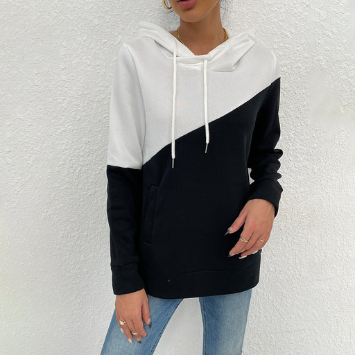 Color-Black-Spring Autumn Women Clothing round Neck Long Sleeve Black White Stitching Hooded Pullover Tops Sweater-Fancey Boutique