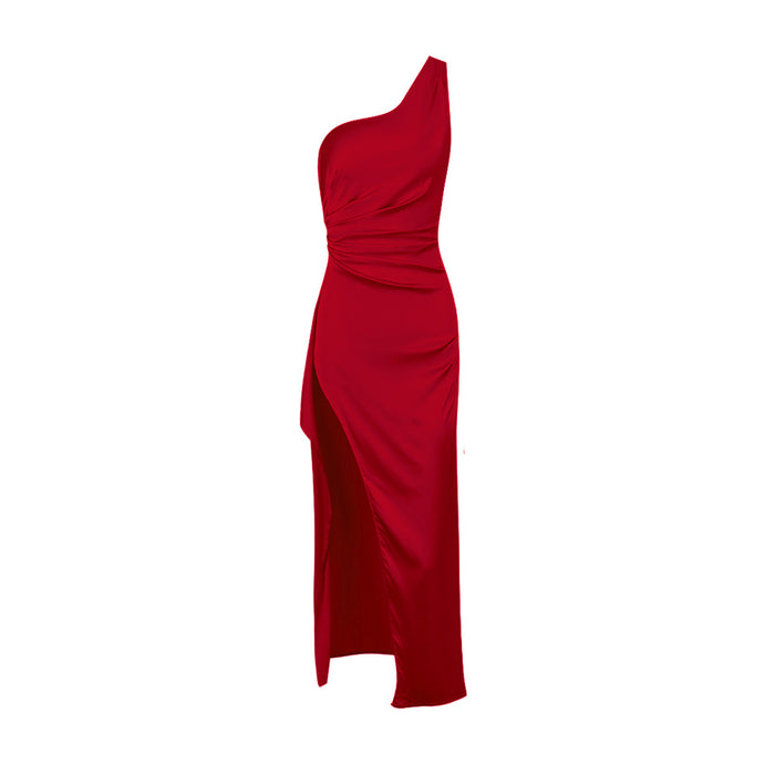 Women Clothing Dress Sexy One Shoulder Slim Fit Slit Maxi Dress Backless Dress Women Evening Dress-Red-Fancey Boutique