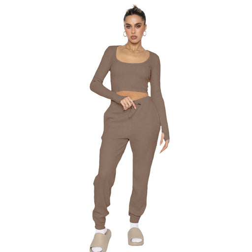 Color-Khaki-Autumn Winter U Collar Pullover Long Sleeved Women Two Piece Suit Casual Trousers-Fancey Boutique