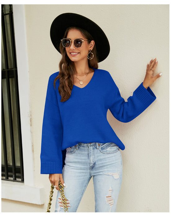 Color-Blue-Women Clothing Long Sleeve V Neck Sweater Casual Loose Fitting Women Sweater-Fancey Boutique