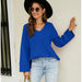 Color-Blue-Women Clothing Long Sleeve V Neck Sweater Casual Loose Fitting Women Sweater-Fancey Boutique