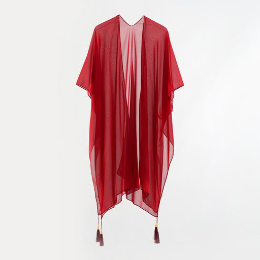 Seaside Blouse See Through Sexy Tassel Thin Cape Solid Color Travel Sun Protection Cardigan-Burgundy-Fancey Boutique