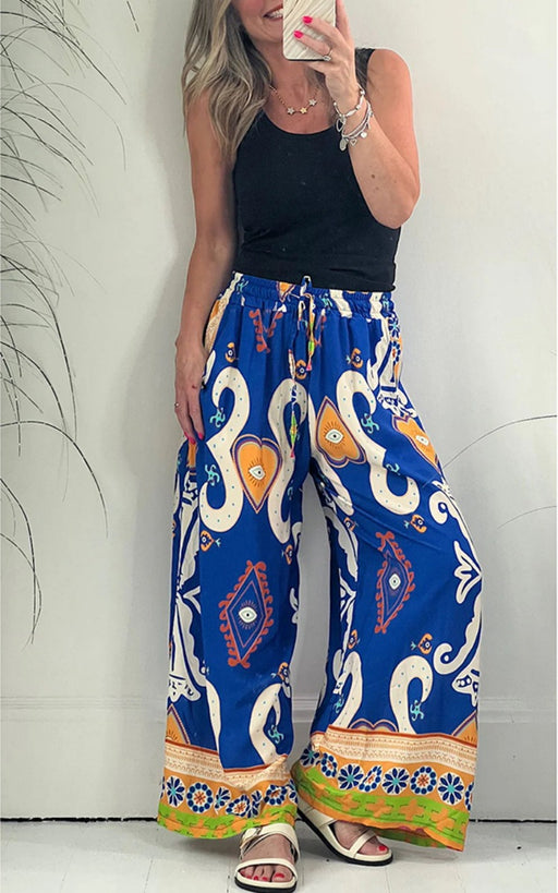 Color-Blue-Summer Autumn Printed Pocket Casual Loose Wide Leg Pants Thin Women Trousers-Fancey Boutique