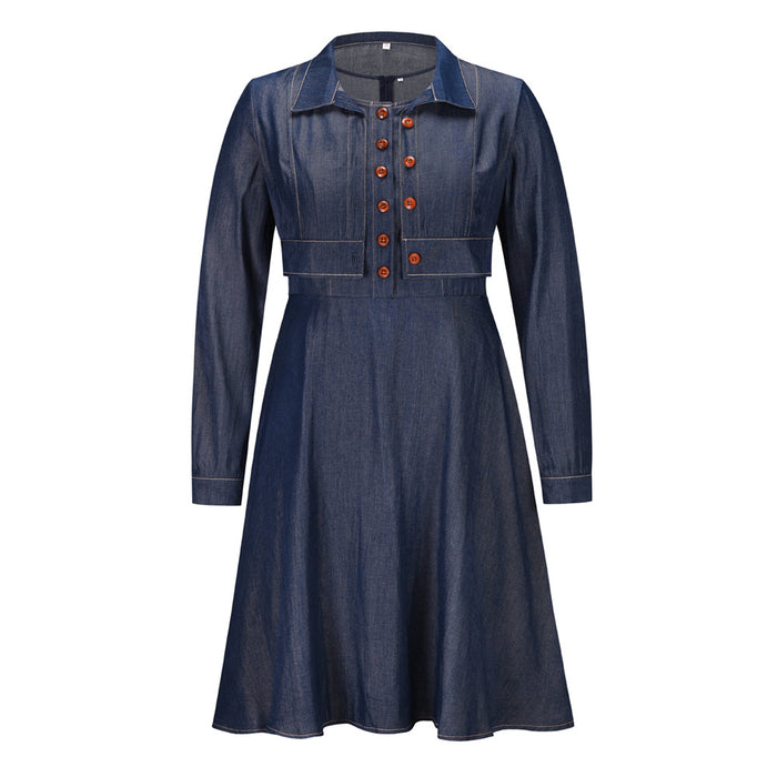 Color-Dark Blue-Women Clothing Autumn Winter Long Sleeve Slim Fit Twet Imitation Denim Dress Popular-Fancey Boutique