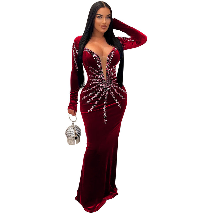 Color-Wine Red-Women Wear Solid Color Sexy Rhinestone Long Sleeve Dress Dress-Fancey Boutique