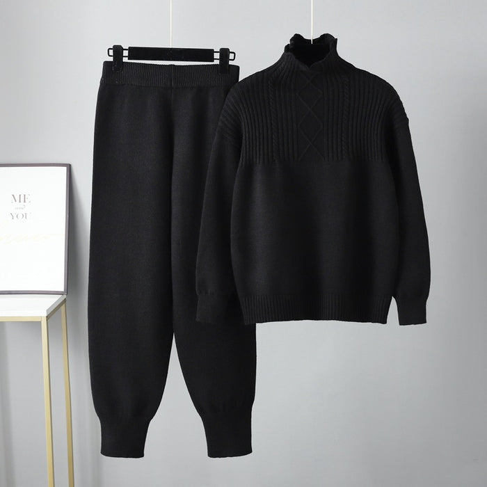 Color-Black-Half Turtleneck Casual Loose Sweater for Women Autumn Winter Gentle Soft Glutinous Knitted Trousers Suit for Women-Fancey Boutique