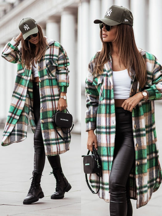 Color-Green-Autumn Winter Polo Collar Single-Breasted Long Sleeve Plaid Shacket Coat-Fancey Boutique