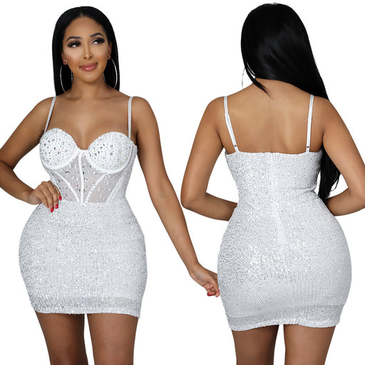 Women Clothing Hip Diamond Embedded Rhinestone Nightclub Party Sequin Cami Dress-White-Fancey Boutique