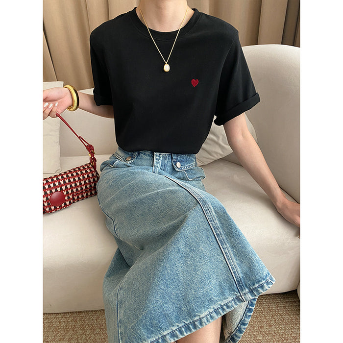 Love Small Embroidered Shoulder Slimming Casual Short Sleeved T Shirt Loose Early Spring-Black-Fancey Boutique