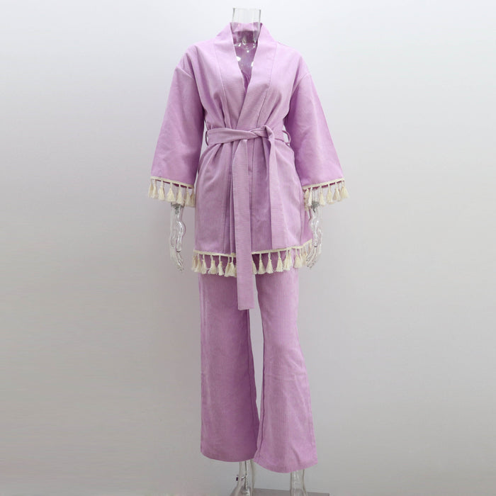 Color-Lavender-Early Autumn Tassel Corduroy Suit Women Casual Homewear Cardigan Top Straight Leg Pants Two Piece Set Women-Fancey Boutique