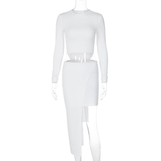 Color-White-Sunken Stripe Long Sleeve Faux Two Piece Skirts Suit Autumn Internet Celebrity Irregular Asymmetric Two Piece Set Women-Fancey Boutique