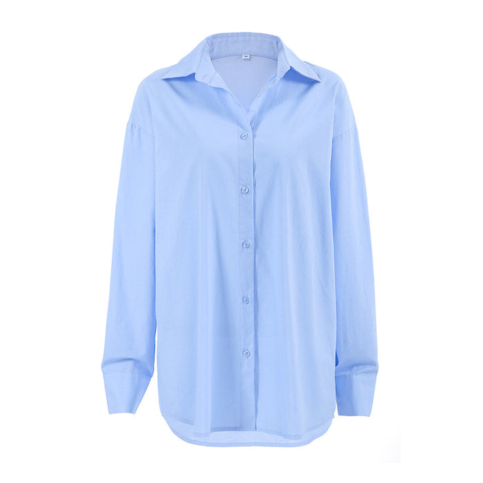 Fresh Blue Autumn Niche Design Cotton All Matching Lazy Casual Shirt Loose Top-Fancey Boutique