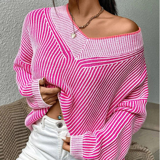 Autumn Winter V Neck Loose Slimming Batwing Sleeves Sweater Striped Contrast Color Pullover Sweater Top-Red and white stripes-Fancey Boutique