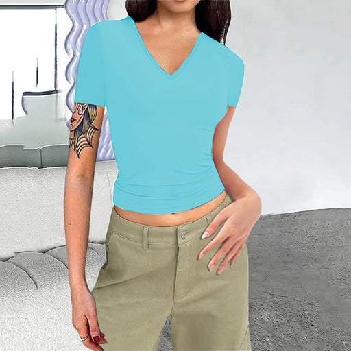 Color-Light Blue-Women Clothing Solid Color V neck Slim Short Sleeved Tops Cropped T shirt-Fancey Boutique
