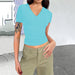 Color-Light Blue-Women Clothing Solid Color V neck Slim Short Sleeved Tops Cropped T shirt-Fancey Boutique