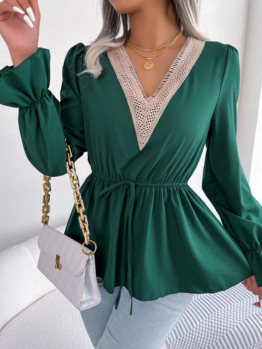 Color-Spring Summer Casual V Neck Lace Lace Up Waist Trimming Ruffles Chiffon Shirt Women Clothing-Fancey Boutique