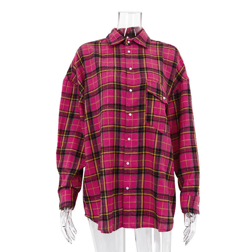 Color-Pink-Retro Classic Plaid Long Sleeved Shirt Early Spring Fashionable Outerwear Loose Shirt Women-Fancey Boutique