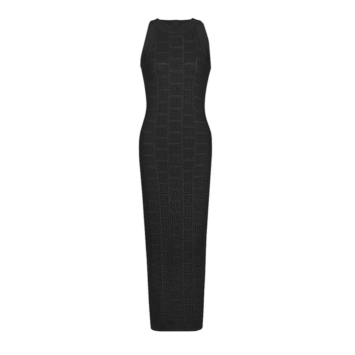 Color-Black Dress-Long Sleeve Short round Neck Hollow Out Cutout out Knitwear Dress Vest Shorts Women-Fancey Boutique