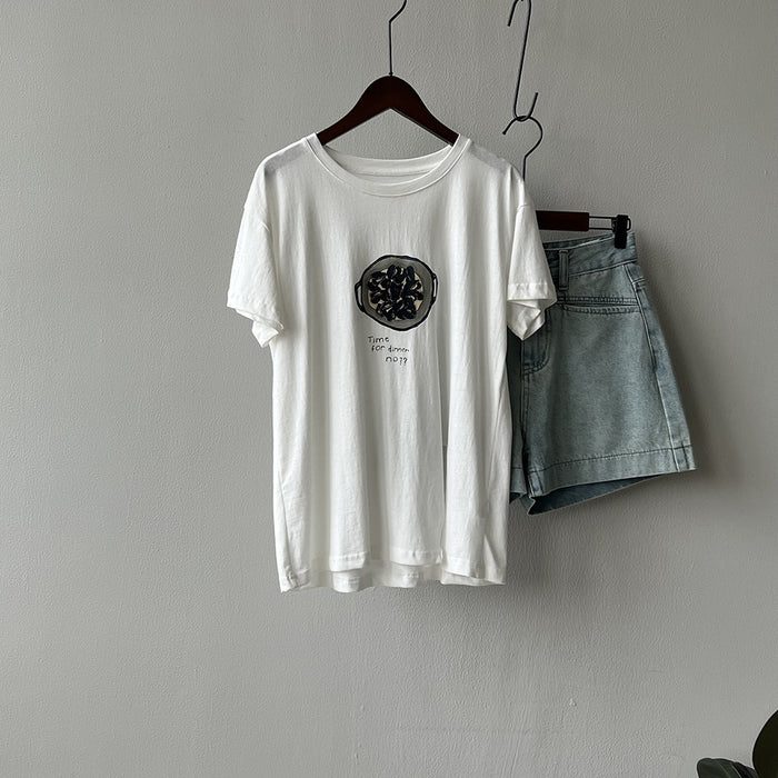 Graffiti Printing T Shirt Women Summer Thin Short Sleeve Design Hem Slit Loose Top-White-Fancey Boutique