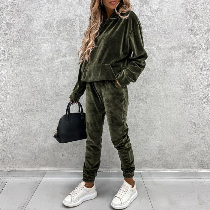 Color-Army Green-Winter Solid Color Hooded Sports Casual Silver Fox Velvet Suit Women-Fancey Boutique