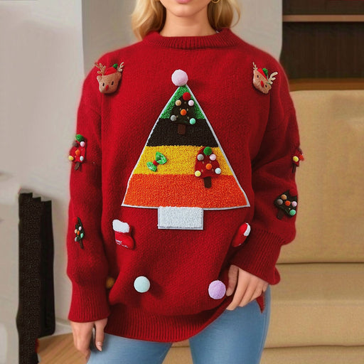 Color-Red-Sweater Christmas Tree Jacquard Three Dimensional Decoration Sweaters Women Clothing Knitwear-Fancey Boutique