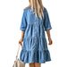 Color-Light Blue-Sky Blue Pleated Denim Full Buckle Midi Dress Women Loose Knee Length-Fancey Boutique