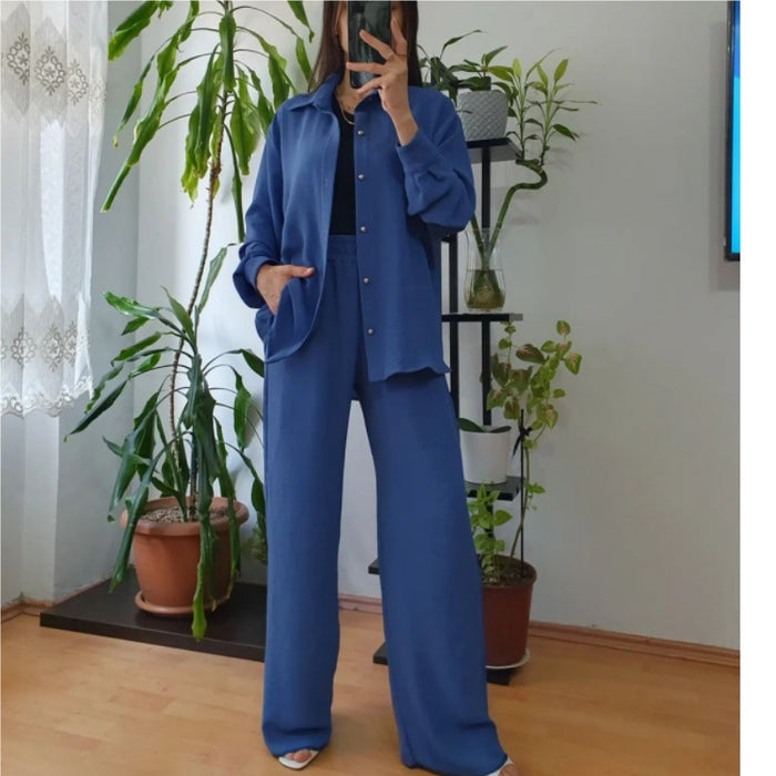 Women Clothing Solid Color Loose Top Casual Wide Leg Pants Women Two Piece Suit-Fancey Boutique