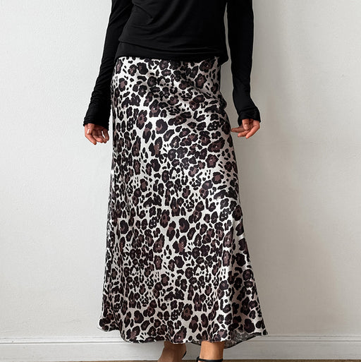 Leopard Print Satin A Swing Skirt Autumn Arrival All Match Long Skirt for Women-Fancey Boutique