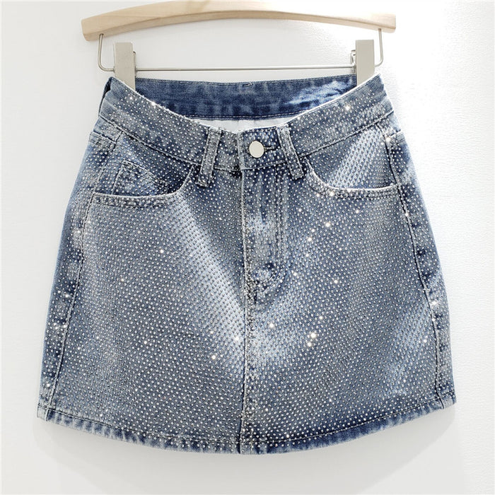 Color-Blue-【MOQ-5 packs】 Summer Heavy Embroidery Drilling Denim Skirt Women High Waist Slimming A line Hip Wrapped Skirt-Fancey Boutique