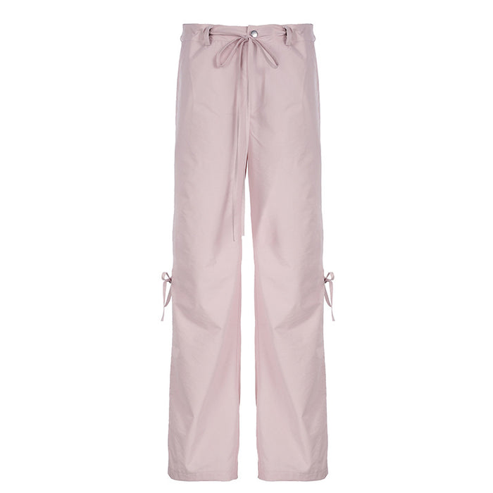 Sweet Bow Tie Women Casual Pants Everyday Joker Office Low Waist Loose Woven Pants-Pink-Fancey Boutique