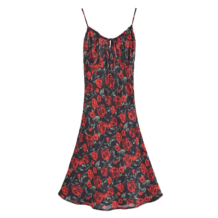 Color-Black-Women Rose Jacquard Printed Slim Waist Mini Strap Dress-Fancey Boutique