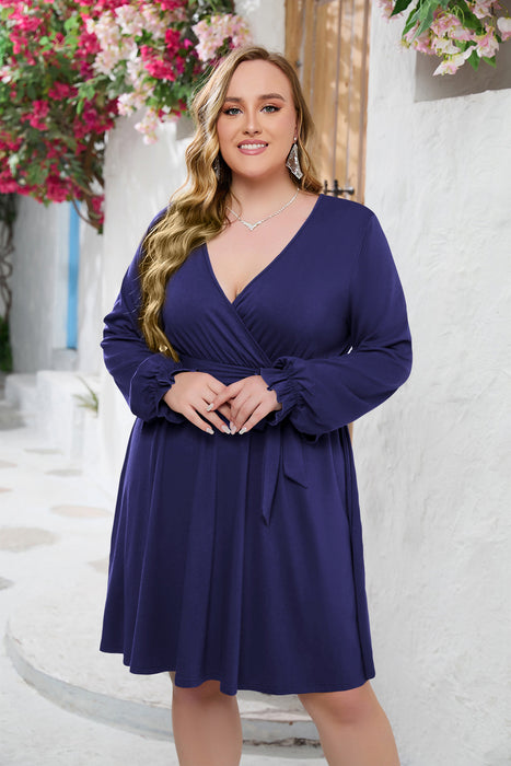 Color-Blue-Plus Size Solid Color V Neck Dress-Fancey Boutique
