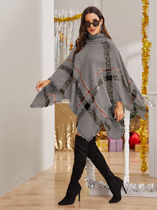 Color-Gray-Autumn Winter Irregular Asymmetric Turtleneck Plaid Cape Sweater for Women-Fancey Boutique