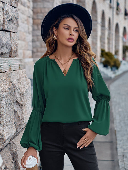 Color-Green-Women Clothing Solid Color V neck Loose Casual Autumn Winter Women Top-Fancey Boutique