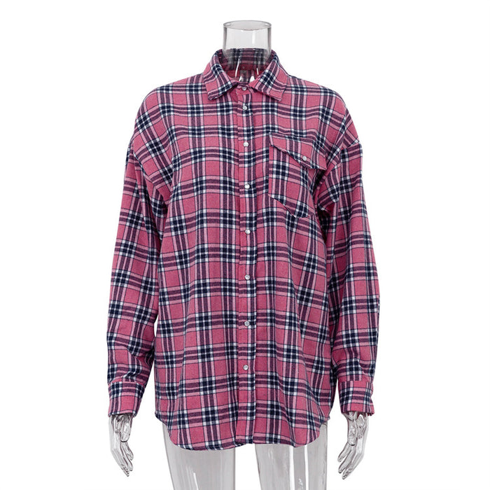 Retro Plaid Shirt Women Casual Plaid Top All Matching Collared Loose Mid Length Shirt-Pink-Fancey Boutique