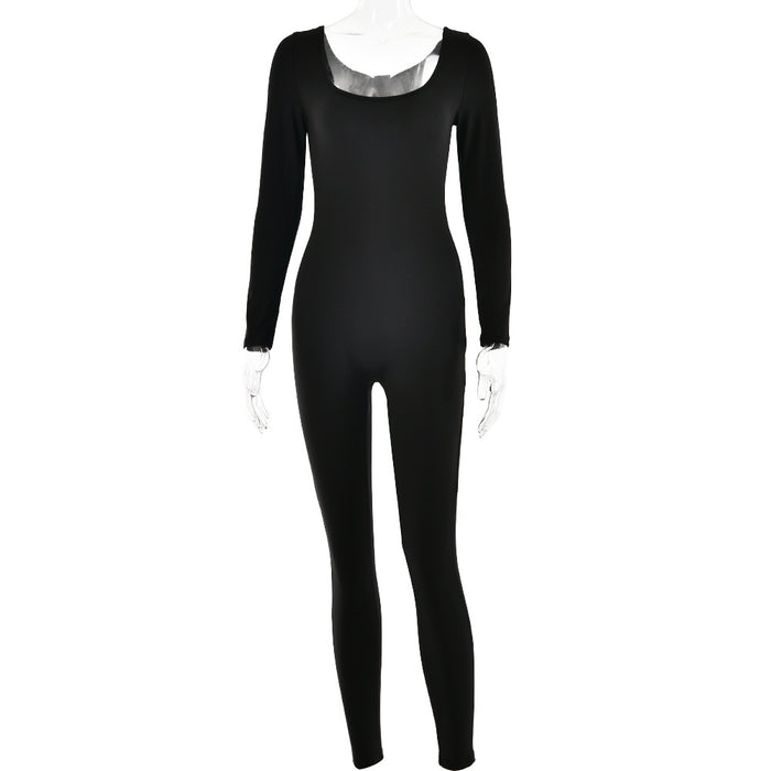 Color-Black-Sexy Soft High Elastic Long Sleeve Tights U Collar Stitching Trousers Jumpsuit-Fancey Boutique