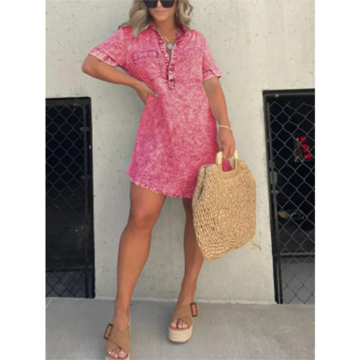 Color-Coral Red-Summer Shirt Collar Denim Tassel Hem Dress Short Dress-Fancey Boutique