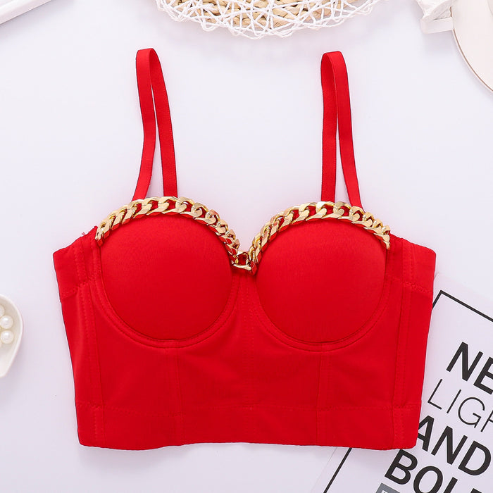 Color-Red-Golden Chain Niche Camisole Women Hipster Exposed Cropped Boning Corset Tube Top Outer Wear Cool Top-Fancey Boutique