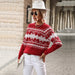 Color-Burgundy-Autumn Winter Women Clothing Trendy round Neck Red Knitted Christmas Snowflake Sweater-Fancey Boutique