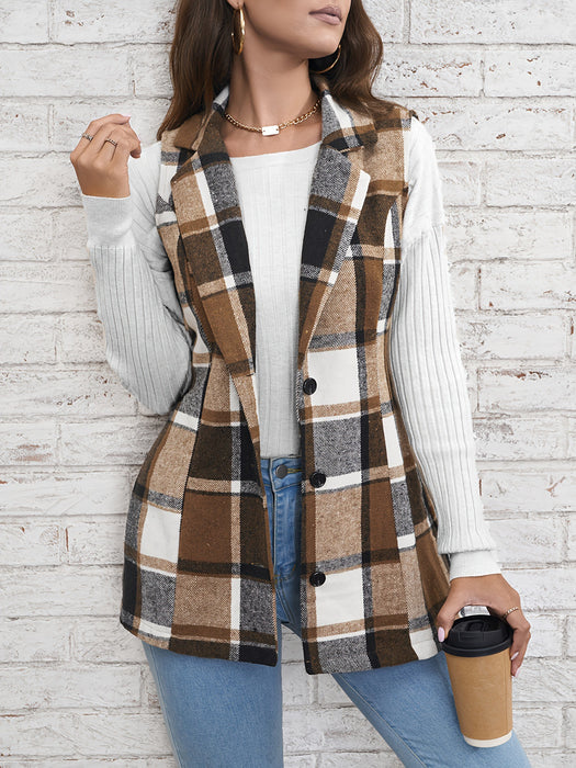 Color-Light Brown-Spring Autumn Winter Women Top Polo Collar Single Breasted Vest Plaid Coat-Fancey Boutique