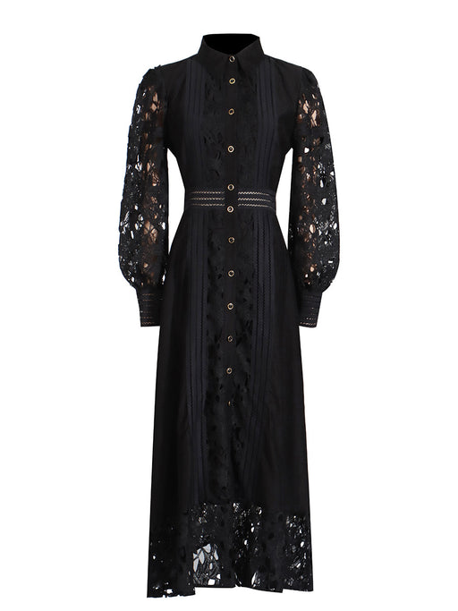 French High Grade Dress Summer Women Clothing Collared Embroidery Hollow Out Cutout out Cinched Maxi Dress Women-Black-Fancey Boutique