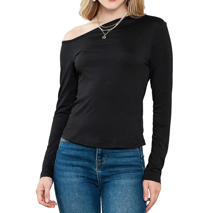 Color-Black-Autumn Solid Color Slim Bottoming Shirt Women Simple Asymmetric Slimming Long Sleeve Top Women-Fancey Boutique