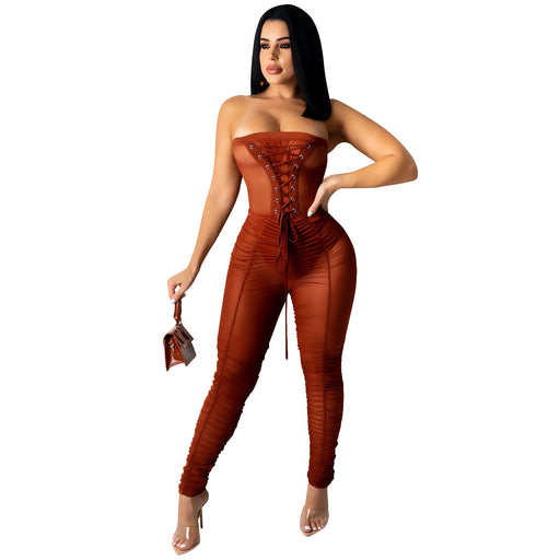 Color-Red-Special Offer with Unavailable Return/Exchange Solid Color Bandeau Sexy See through Jumpsuit Trousers Women Clothing-Fancey Boutique