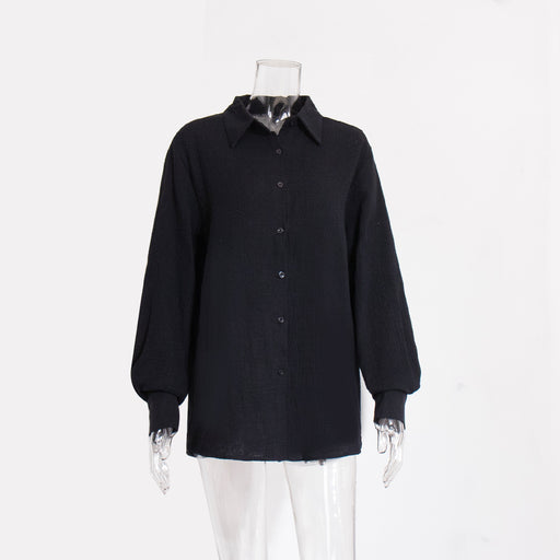 Pure Cotton Crepe Shirt Comfort Loose Elegant Polo Shirt in Spring-Black-Fancey Boutique