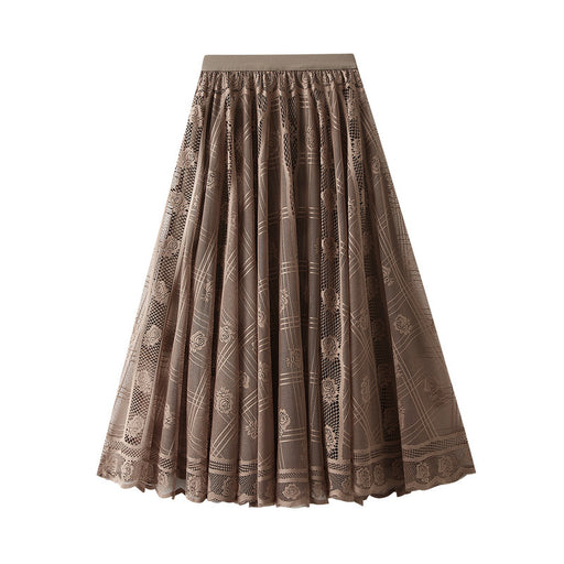 Color-Khaki-Lace Skirt Women Spring Draping Effect Slimming A Line Skirt Pleated Mesh Long Skirt-Fancey Boutique