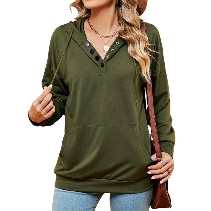 Color-Army Green-Autumn Winter Solid Color Buttons Drawstring Pocket Loose Long Sleeve Sweatershirt Women-Fancey Boutique