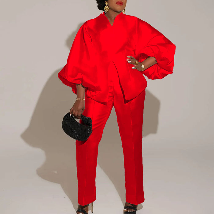 Color-Red-Suit Elegant Office Solid Color African plus Size Two Piece Set-Fancey Boutique